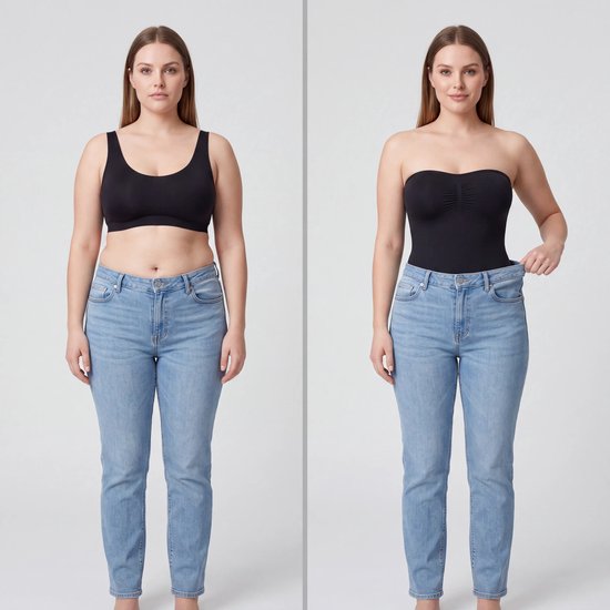 Vergelijking voor en na van een model in blauwe jeans met een zwarte corrigerende strapless bodysuit van Shapetape.