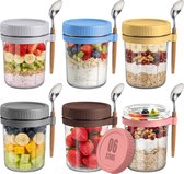 Nolad - Overnight Oats Potjes - Voorraadpotten - Set van 6 stuks met lepel - 6x500ml - Glazen Potjes met deksels - Mason Jar
