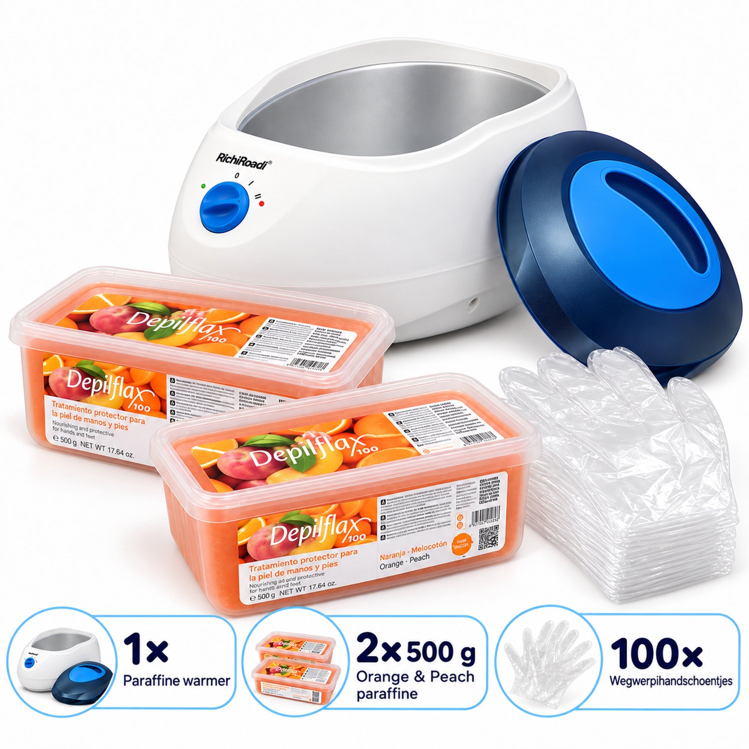 Paraffinebad Starterset Compleet – Paraffine Warmer + 2 x 500 g Orange & Peach Paraffinewas + 100 Wegwerphandschoentjes – Voor Handen & Voeten