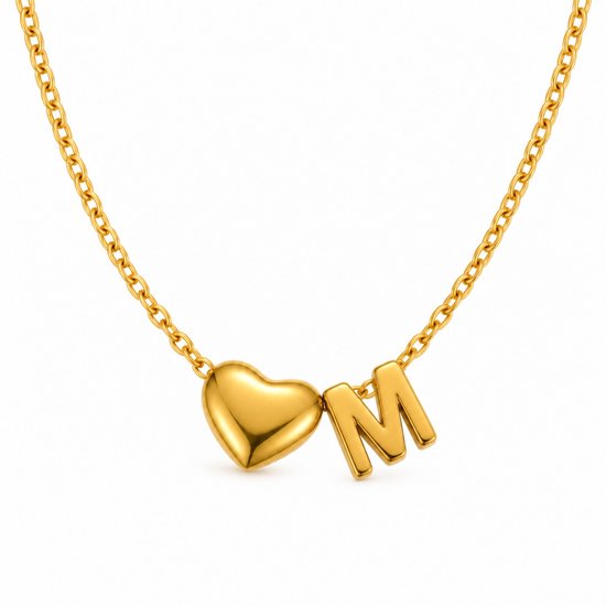 Goudkleurige ketting met een hartvormige hanger en de letter M.