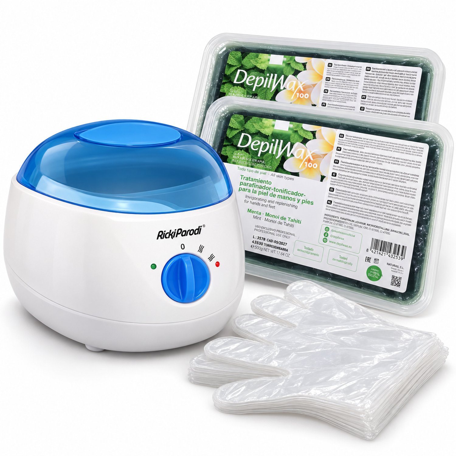 RickiParodi Paraffinebad Starterset Compleet – 2,7L Paraffine Warmer + 1 kg DepilWax Paraffinewas Munt & Monoï + 100 Wegwerphandschoentjes – Handen & Voeten