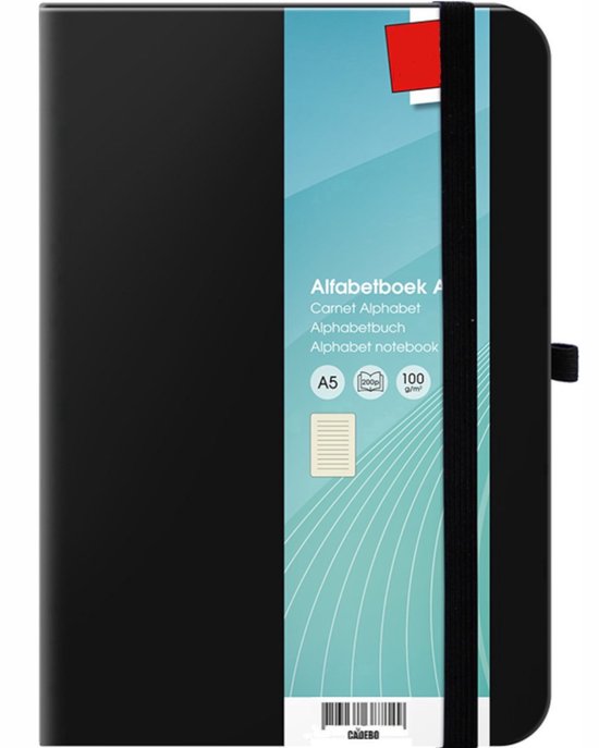 Zwart A5-notitieboek met elastische band, label met 'Alfabetboek', 200 pagina's, 100 g/m² papier.