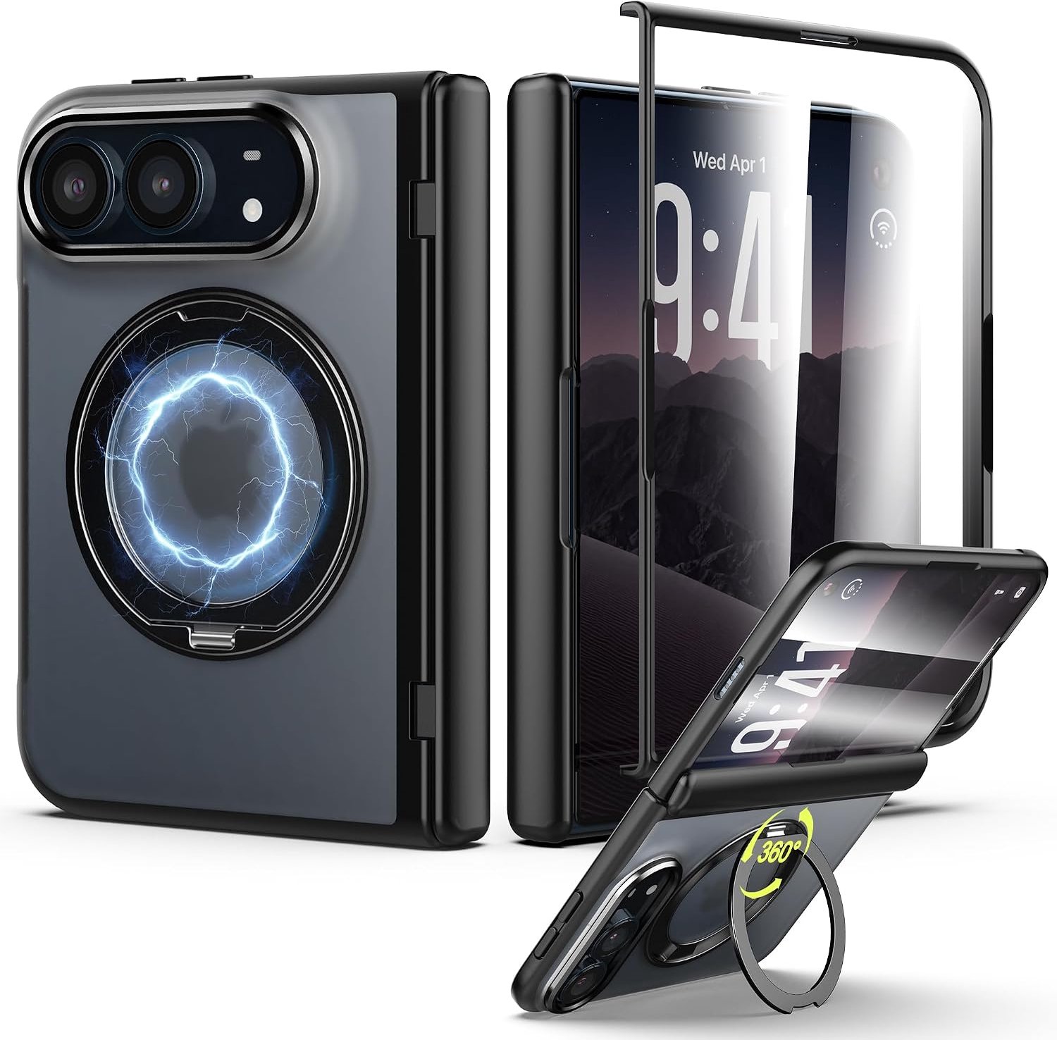 Zandarix Hoesje Geschikt voor Apple iPhone Duo - Ingebouwde Screenprotector - 360 Draaibare Standaard - Geschikt voor Mag - Doorschijnend - Back Cover Hoesje - Zwart