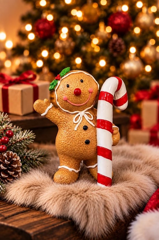 Gingerbread mannetje met rood-witte zuurstok, versierd met hulst, op een zachte vacht voor een kerstboom.
