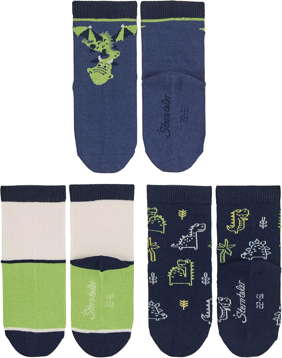 Baby Sokken met Antislip - 3-Pack - Blauw met Dino's