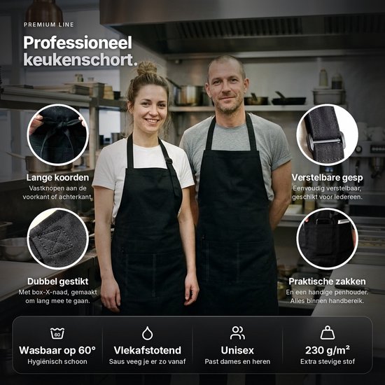 Professioneel zwart unisex keukenschort met verstelbare gesp, lange koorden, dubbel gestikte naden en handige zakken.