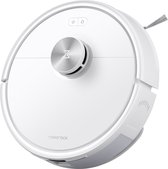 Witte Roborock robotstofzuiger met ronde behuizing, zilverkleurige LiDAR-sensor en bedieningsknoppen aan de bovenkant.