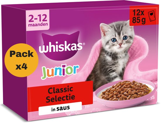 Paarse doos Whiskas Junior Classic Selectie in saus met een grijs kitten en een kom natvoer, 48x85g.