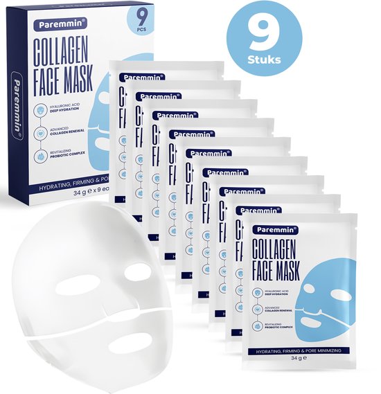 Een doosje Paremmin collageen gezichtsmaskers met 9 individuele verpakkingen en een wit masker ernaast.