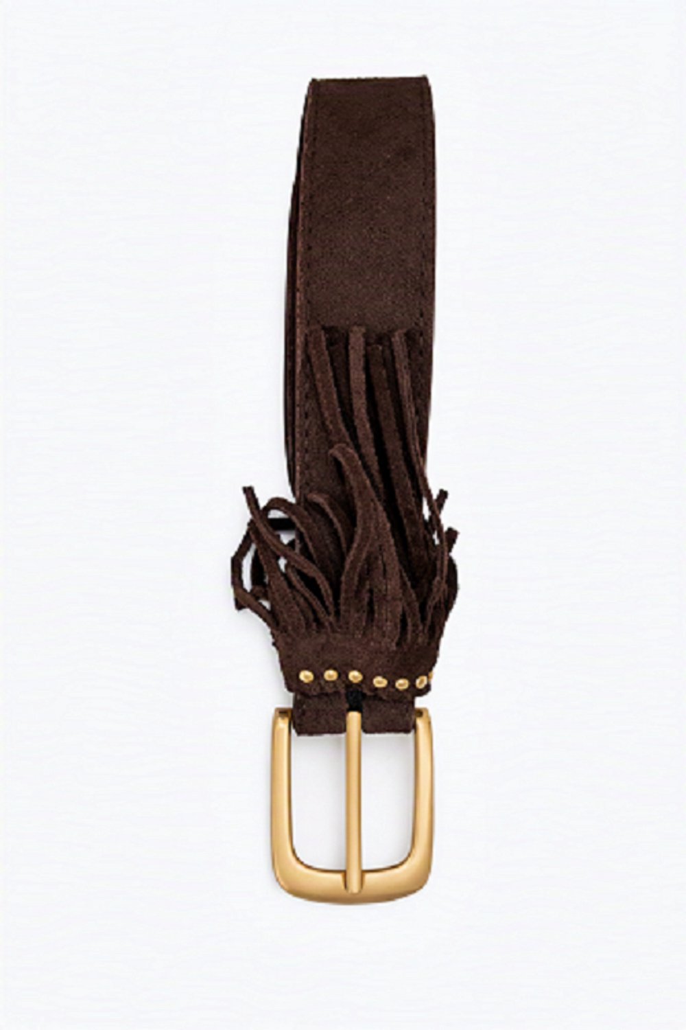 SH-leren suède- dames riem-donker bruin-franje bij gesp-goudkleurige gesp-85t/m100cm