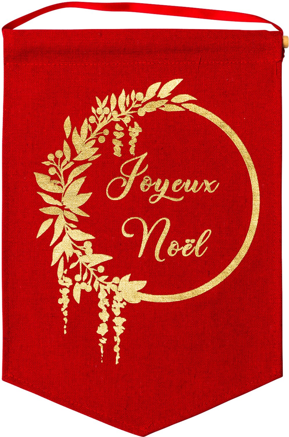 ARTYFETES - Decoratieve linnen kersthanger Vrolijk Kerstfeest rood met gouden flock 20 x 30 cm
