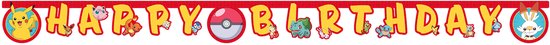 Pokémon Happy Birthday-slinger met kleurrijke letters en bekende karakters zoals Pikachu en een Pokéball.