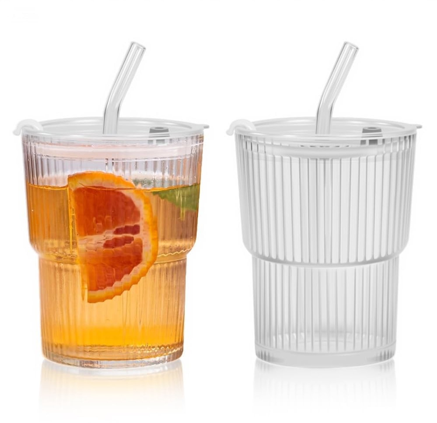 Set van 2 Ribbelglas Bekers met Deksel en Rietje 400 ml
