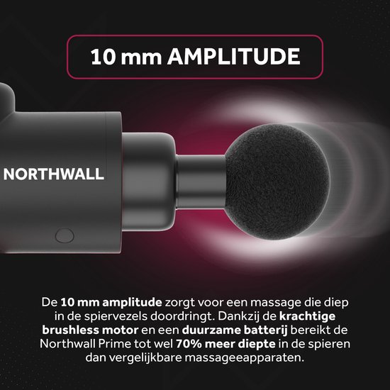 Close-up van een zwart Northwall massagepistool met een ronde opzetkop, met 10 mm amplitude voor diepe spierdoorringing.