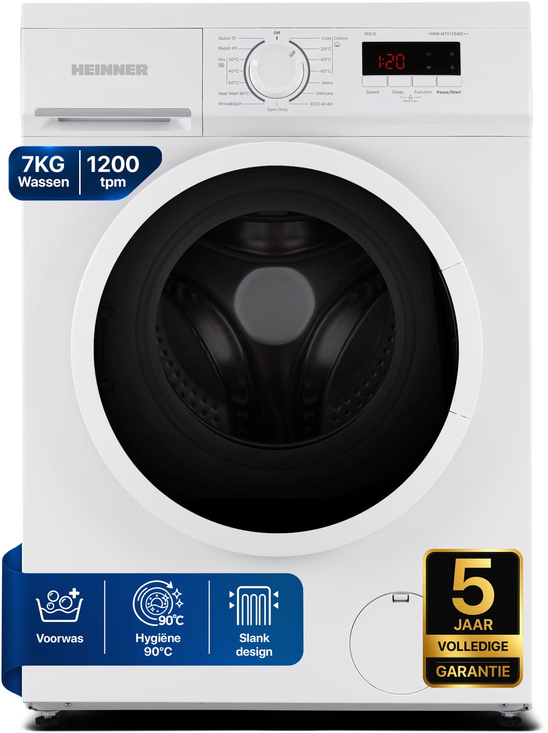 Heinner HWM-M7012SMD++ Wasmachine 7 kg – 1200 tpm – 15 Programma’s – Digitaal Display – 90°C Sterilisatieprogramma – Wit – 5 Jaar Garantie