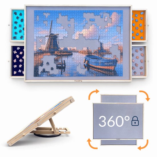 Overzicht van de puzzeltafel met vier lades, 360° draaibare functie en de verstelbare schuine stand.