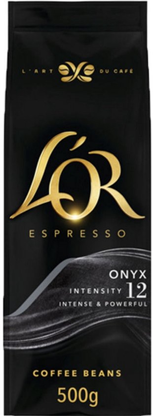 Zwarte zak L'OR Onyx espresso-koffiebonen, intensiteit 12, inhoud 500g met goudkleurig logo.