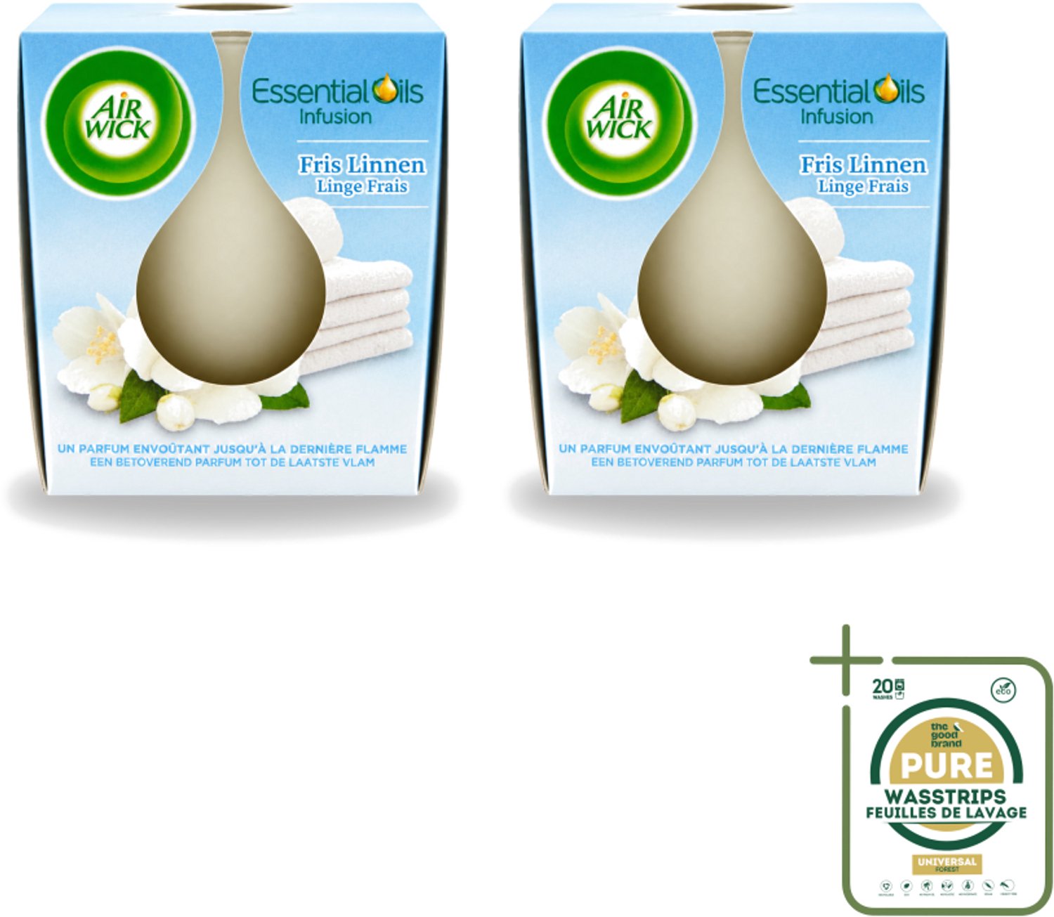 Air Wick 2 x Air Wick – Geurkaars – Fris Linnen met Essentiële Oliën – 105 g - Wasstrips - Geurkaars - Fris Linnen - Essentiële Oliën - Sfeer In Huis - Warme Sfeer Wit