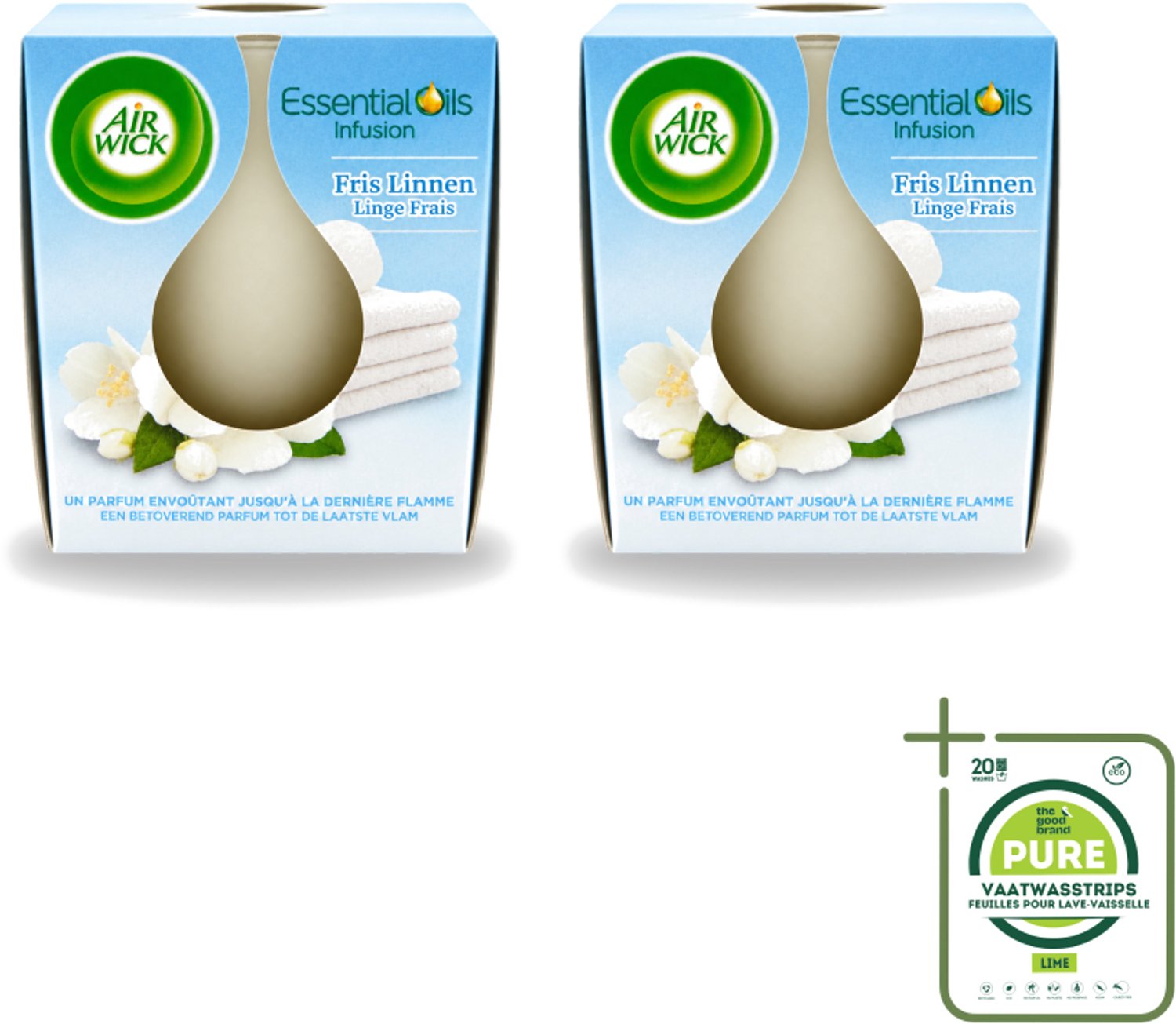 Air Wick 2 x Air Wick – Geurkaars – Fris Linnen met Essentiële Oliën – 105 g - Grootverpakking - Vaatwasstrips - Geurkaars - Fris Linnen - Essentiële Oliën - Sfeer In Huis - Warme Sfeer Wit
