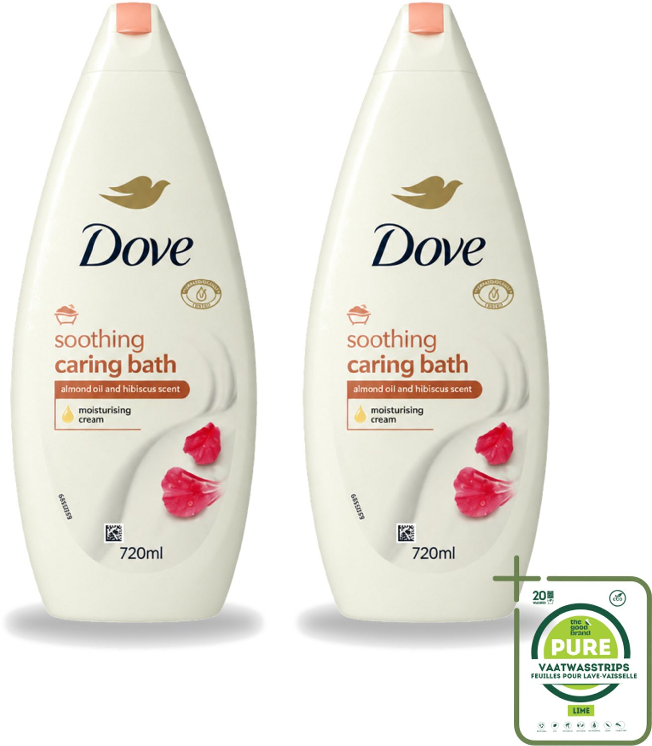 2 x Dove – Badcrème – Soothing Almond Oil & Hibiscus – 720 ml - Grootverpakking - Vaatwasstrips - Douchegel - Huidverzorging - Kalmerend - Schuim - Amandelolie