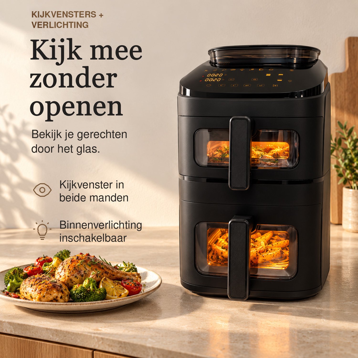 SwayTosh Cloud Airfryer met Stoomfunctie - 11L - PFAS Vrij - Double Stacked - Dubbele Airfryer XXL - Stomen én Airfryen - 2 Manden - 10 Kookprogramma's - 40-200°C - Dubbele Heteluchtfriteuse - 2750W thumbnail 6
