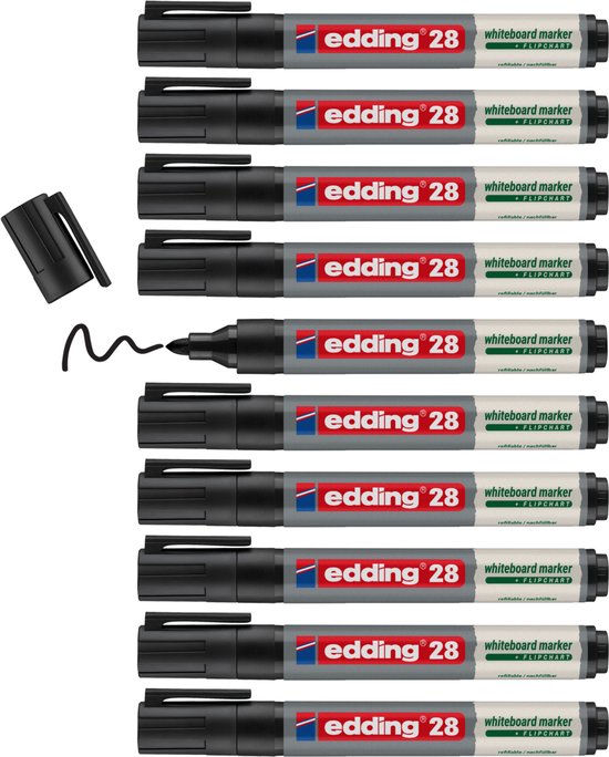 Set van tien zwarte edding 28 EcoLine whiteboardmarkers met ronde punt en losse dop.