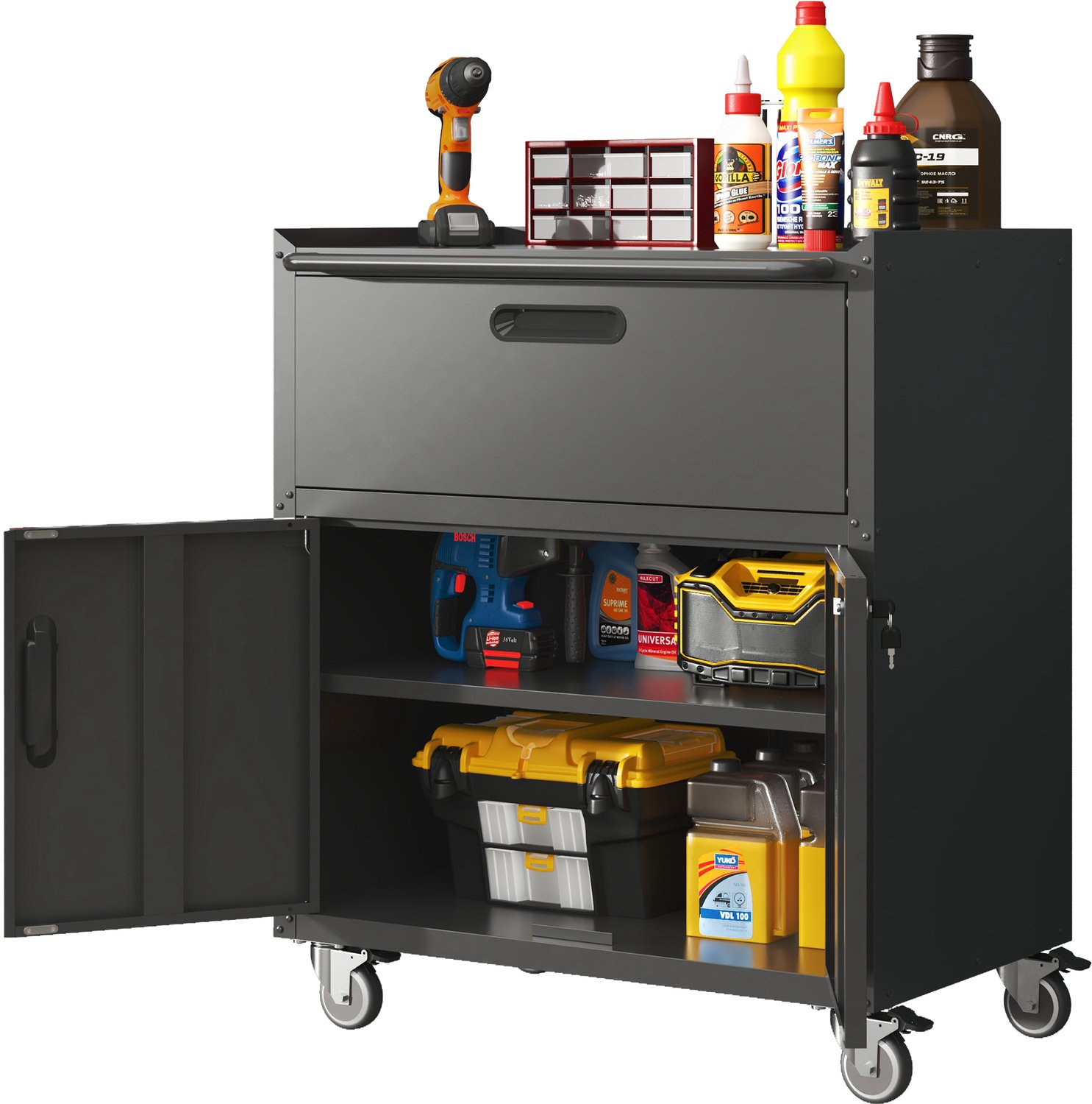 Gereedschapswagen Met 1 Lade - Metalen Gereedschapskast Op Wielen - 2 Afsluitbare Deuren En Verstelbare Legplanken - 75 × 42 × 88 cm