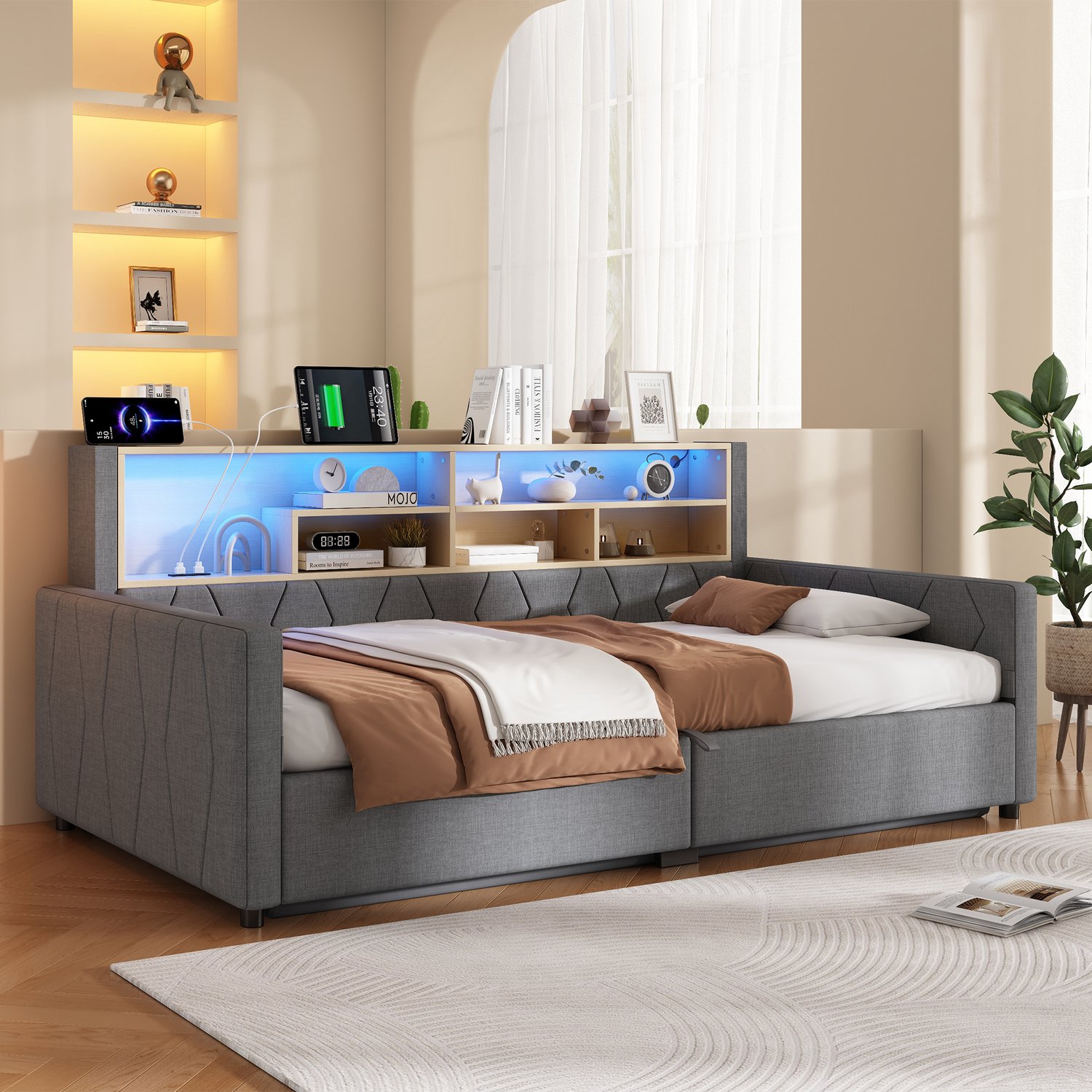 VVBV Bedbank 90x200 – Hydraulische Opbergruimte, Stopcontact, LED-Verlichting, USB, Lattenbodem, Tot 150 kg, Zonder Matras – Linnen, MDF – Grijs