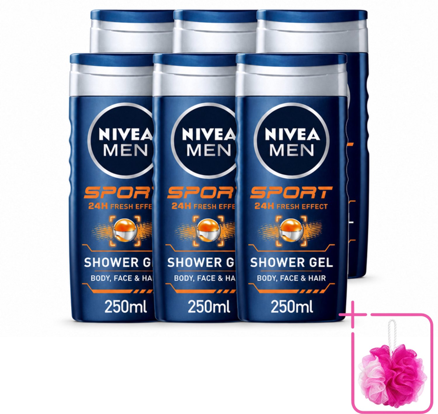 6 x NIVEA MEN – Douchegel – Sport – 250 ml - Bulkverpakking - Sportdouchegel - Douchemop - Fris na sporten