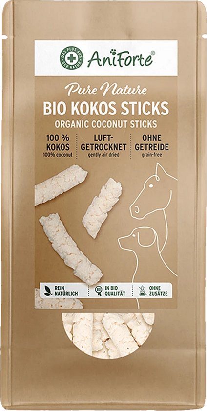Bruine verpakking AniForte biologische kokossticks met afbeeldingen van een hond en paard.