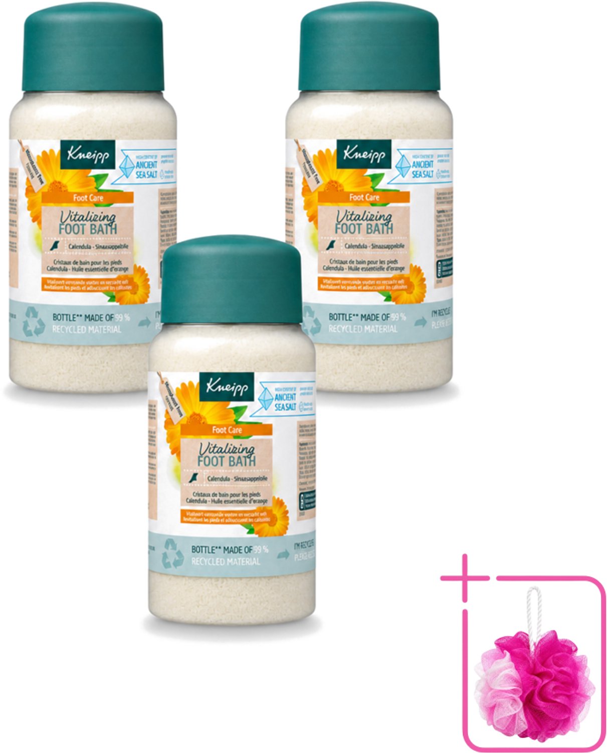 3 x Kneipp - Voetbadzout - Vitalizing - Citrusgeur - 600 g - Bulkverpakking - Voetbadzout - Douchemop - Voetbadkristallen