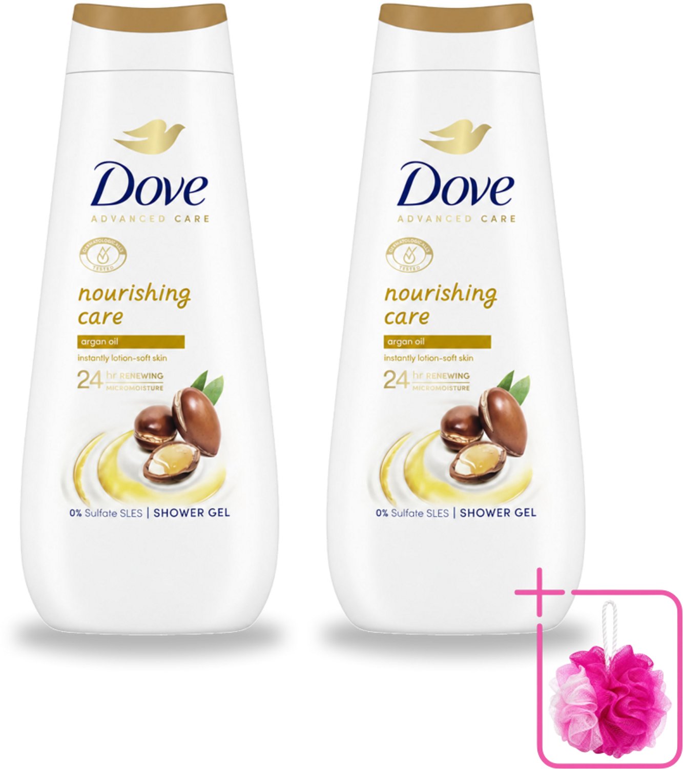 2 x Dove Douchecrème - Nourishing Care - Arganolie - 400 ml - Bulkverpakking - Douchegel - Douchemop - Huid verzorging