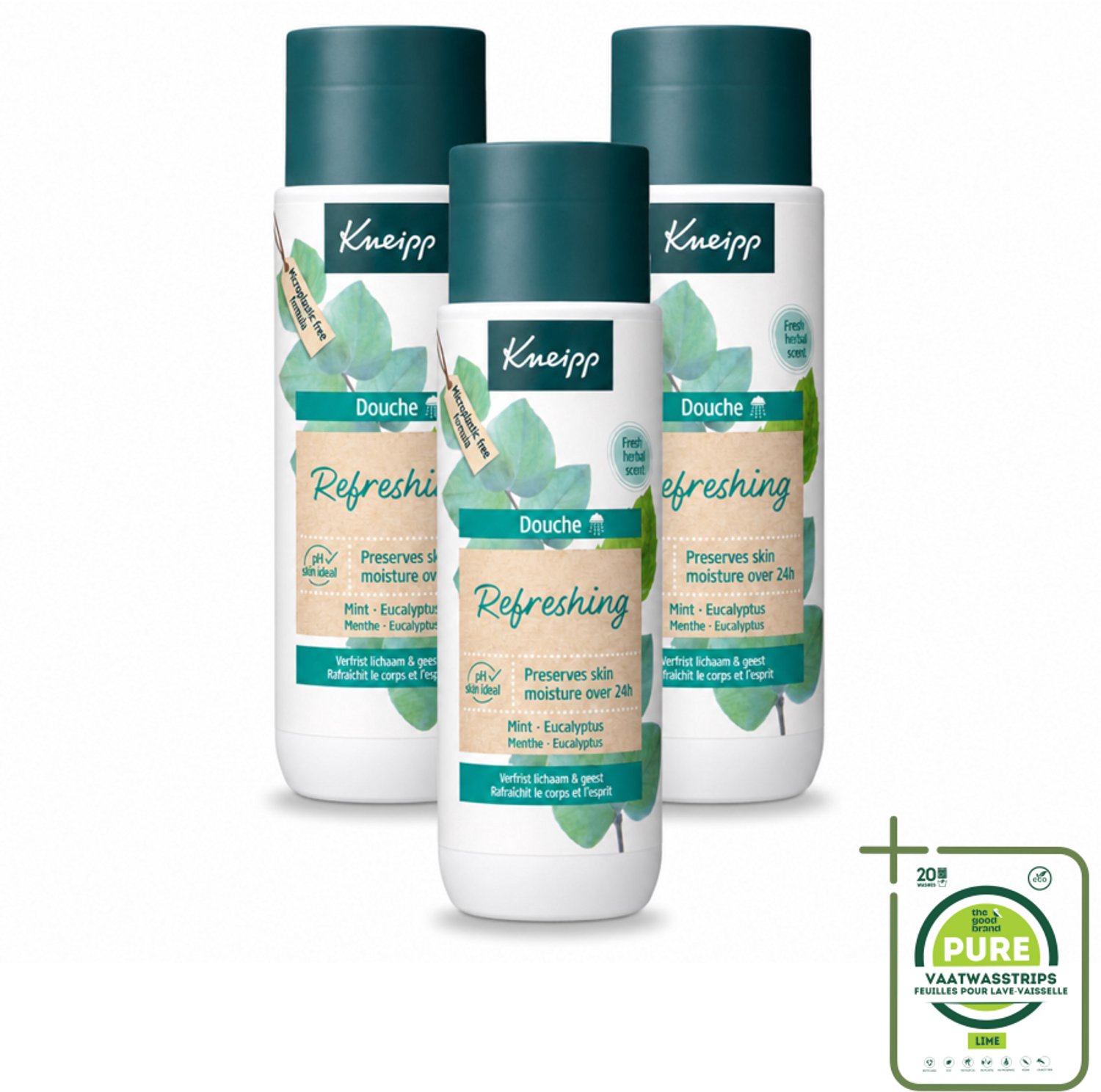 3 x Kneipp - Douchegel - Refreshing - Mint Eucalyptus - 200 ml - Grootverpakking - Vaatwasstrips - Douchegel - Frisheid - Eucalyptus - Mint - Natuurlijke Oliën
