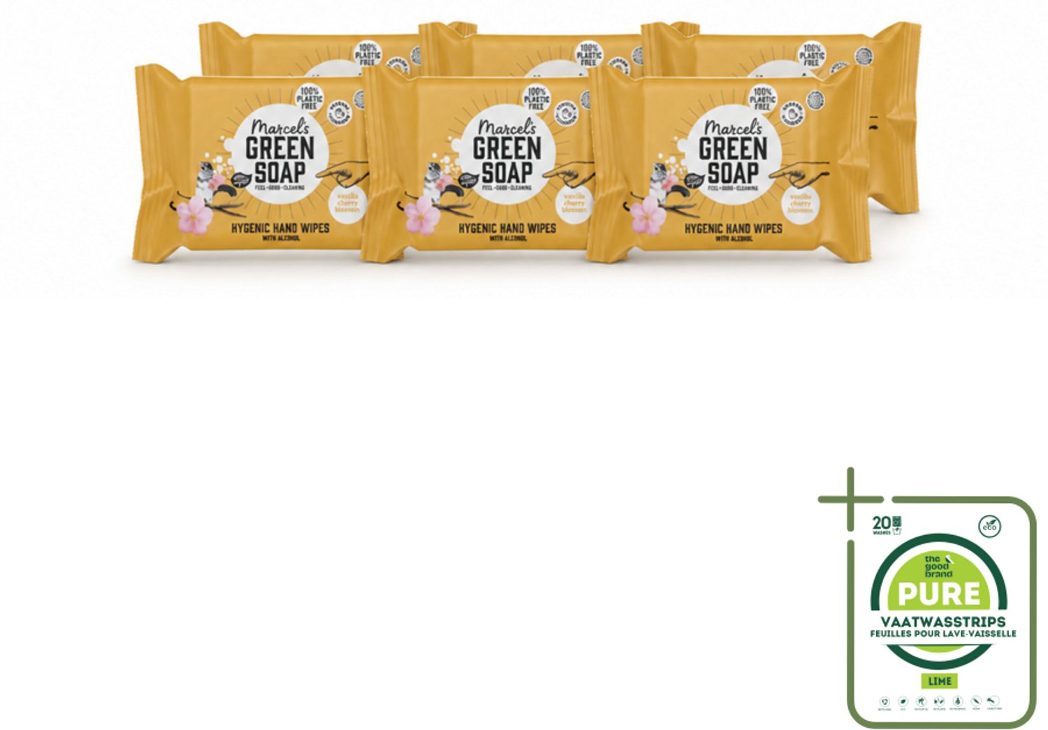 6 x Marcel's Green Soap - Hand doekjes - Vanille & Cherry Blossom - Mild & handig - 15 Doekjes - Grootverpakking - Vaatwasstrips - Handdoekjes - Handdoek - Reinigen - Natuurlijke Zepen - Glycerine
