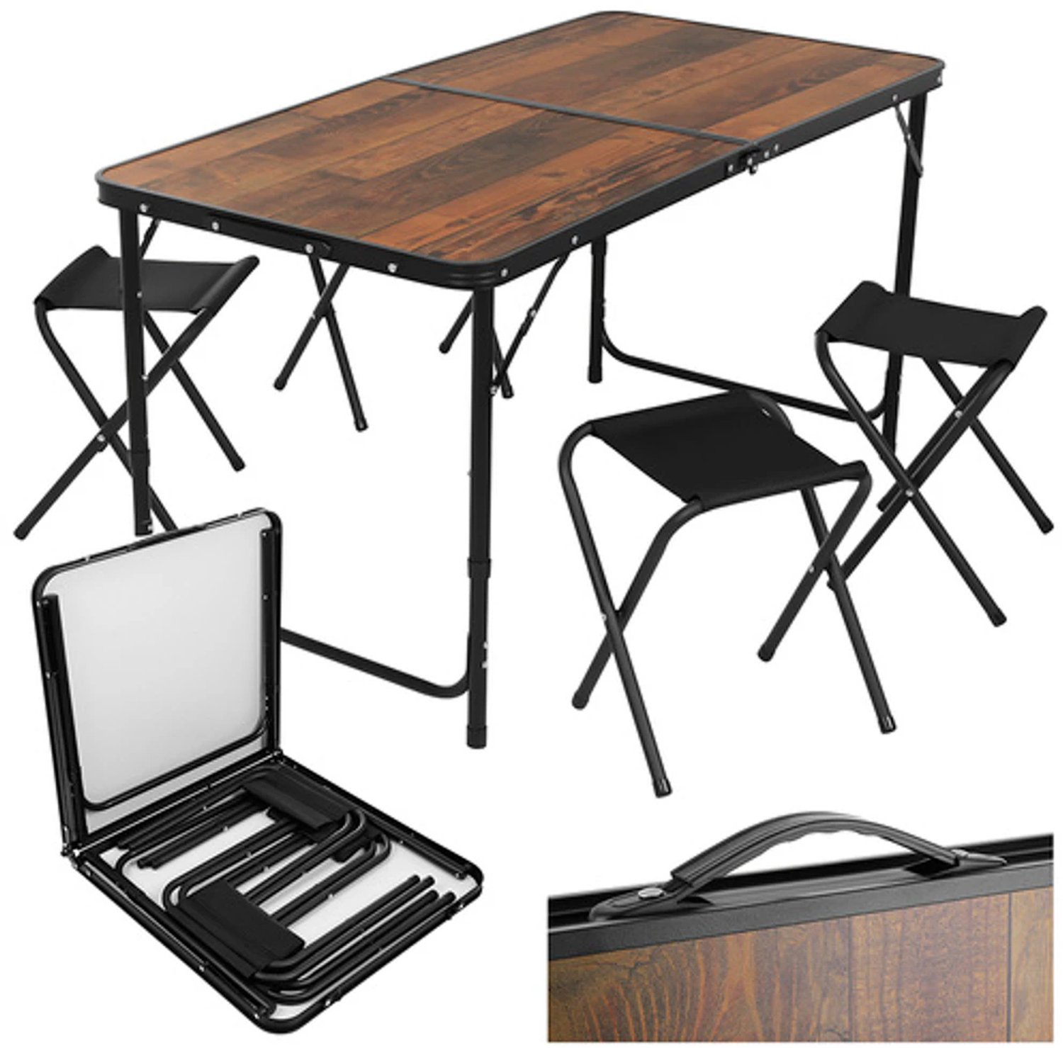 Opklapbare tuintafelset + 4 stoelen - camping tafel/krukjes - opvouwbaar -opklapbaar Bruin - L120 x B60 x H70 cm