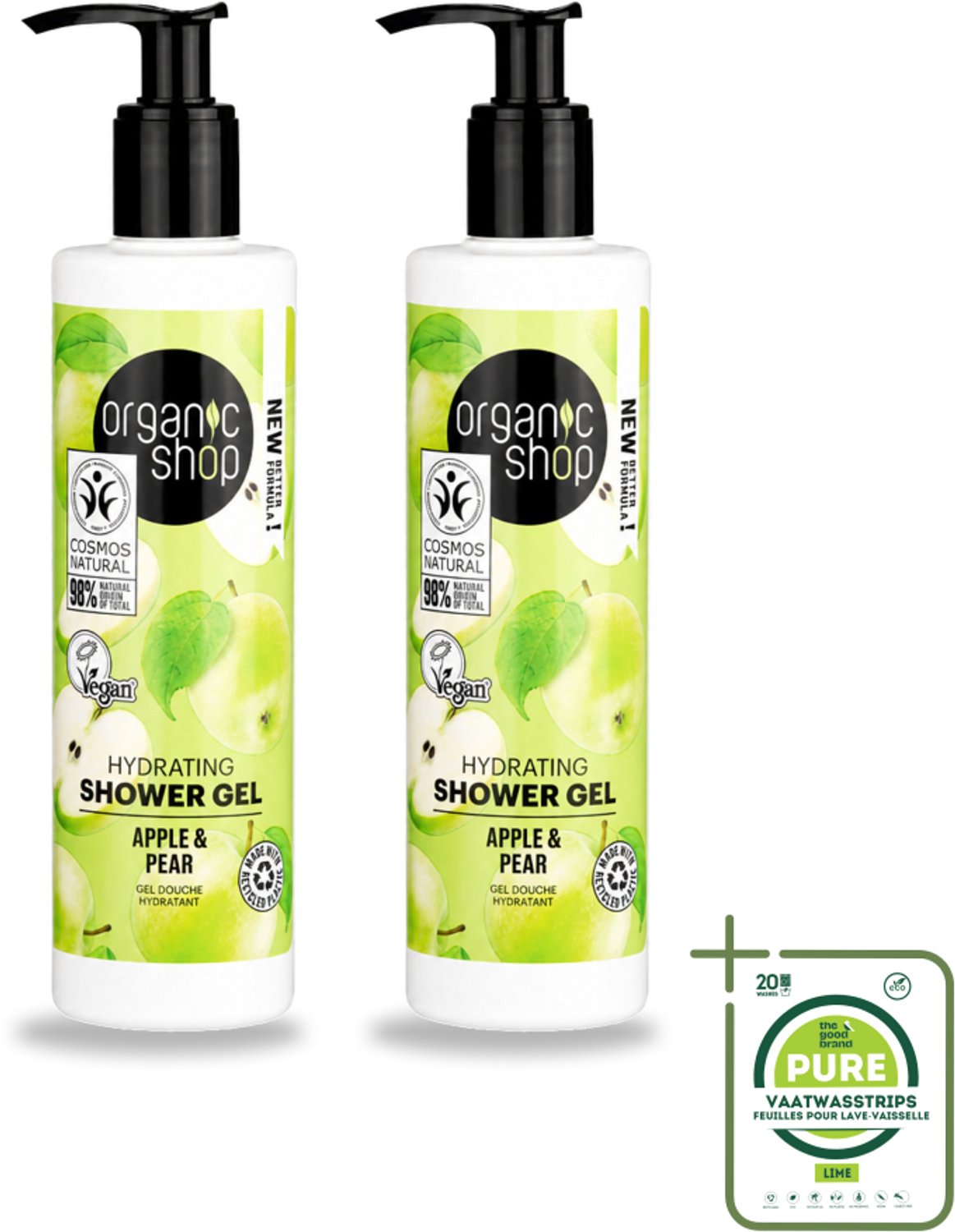 2 x Organic Shop - Douchegel Apple & Pear - Verfrissend en Hydraterend - 280 ml - Grootverpakking - Vaatwasstrips - Douchegel - Natuurlijke Douchegel - Biologische Douchegel - Appel En Peren Douchegel - Hydraterende Douchegel