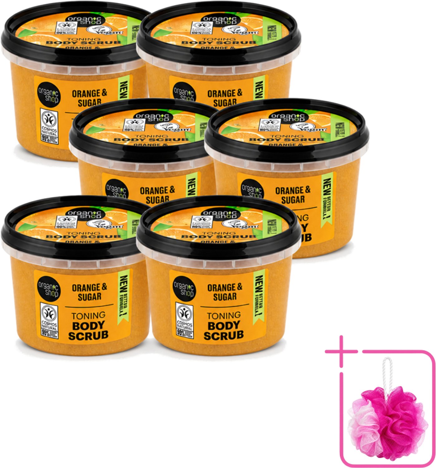 6 x Organic Shop - Body Scrub Orange - Verzorgend en Geurend - 250 ml - Bulkverpakking - Bodyscrub - Douchemop - Huidverzorging