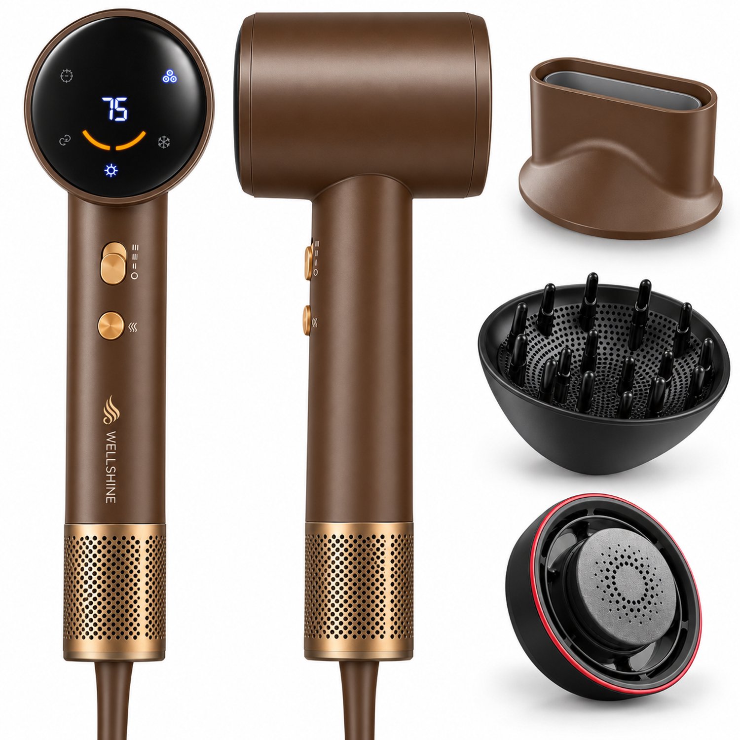 Wellshine Föhn met Diffuser - Ionische Haardroger voor Krullen & Stijl - Haarföhn - Reisföhn - Coolshot - 5 Standen - Incl. 3 Opzetstukken - Sèche Cheveux - Hairdryer - 1600W