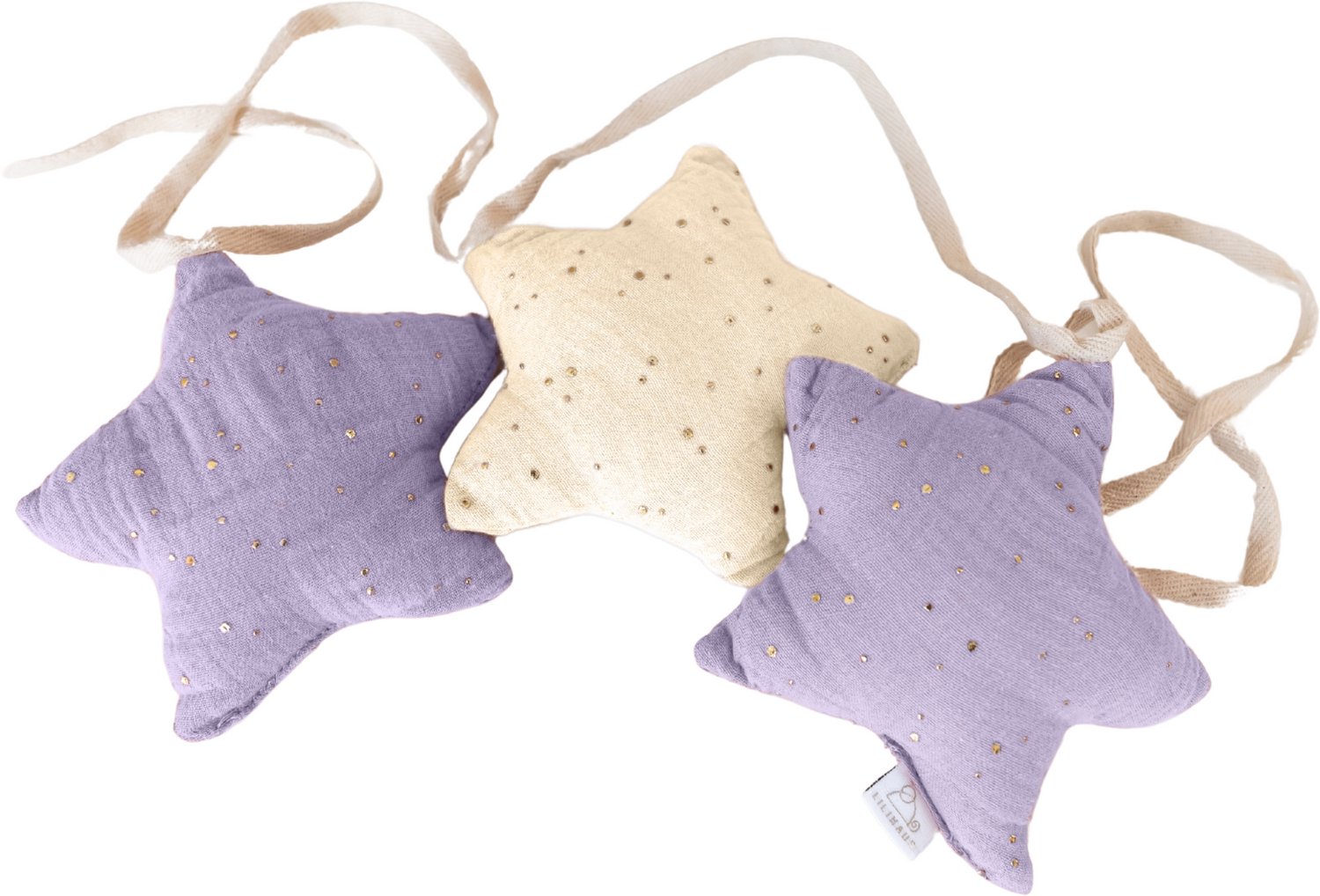 LILIMAUS Sterren slinger kinderkamer met gouden details - stoffen slinger van mousseline katoen - 300 cm - lila en crème