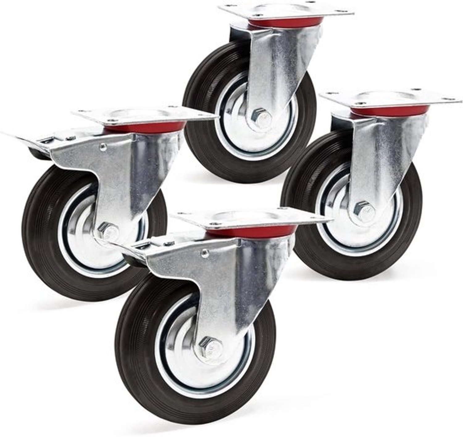 Transportwielenset - Verrijdbare wielen - voor het verplaatsen van zware lasten - met dubbele remfunctie - diameter 200 mm - zwart