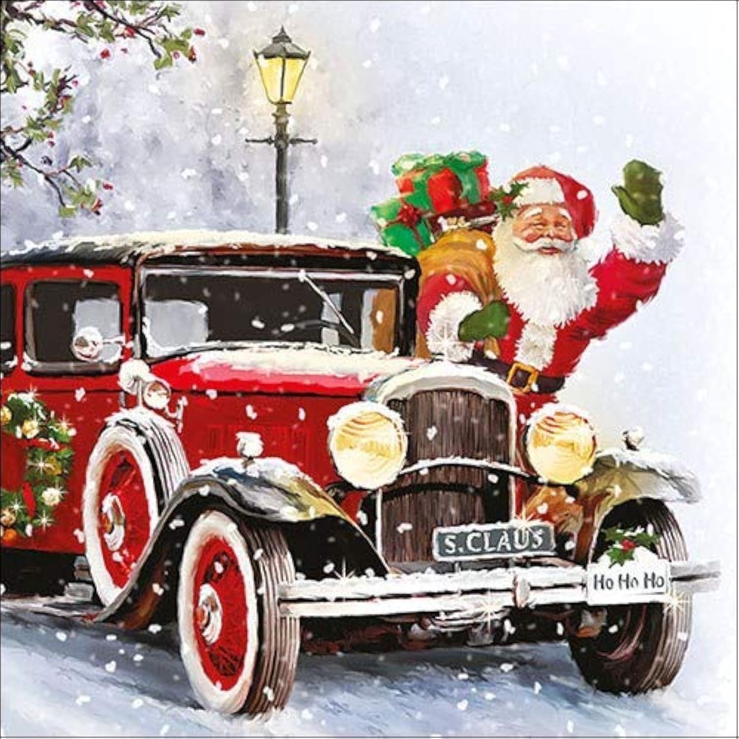 Papieren Servetten 33x33cm - Santa Auto - Herfst/Winter/Kerst