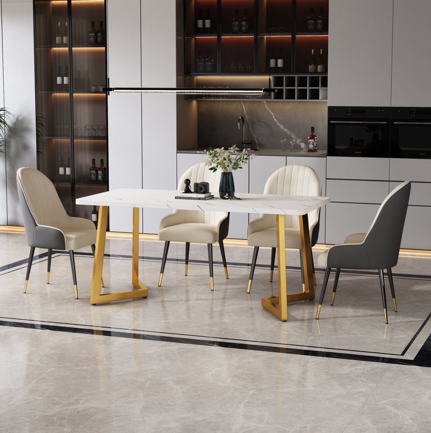 CHICFURN Eettafel - marmerlook - metalen poten - goud/wit