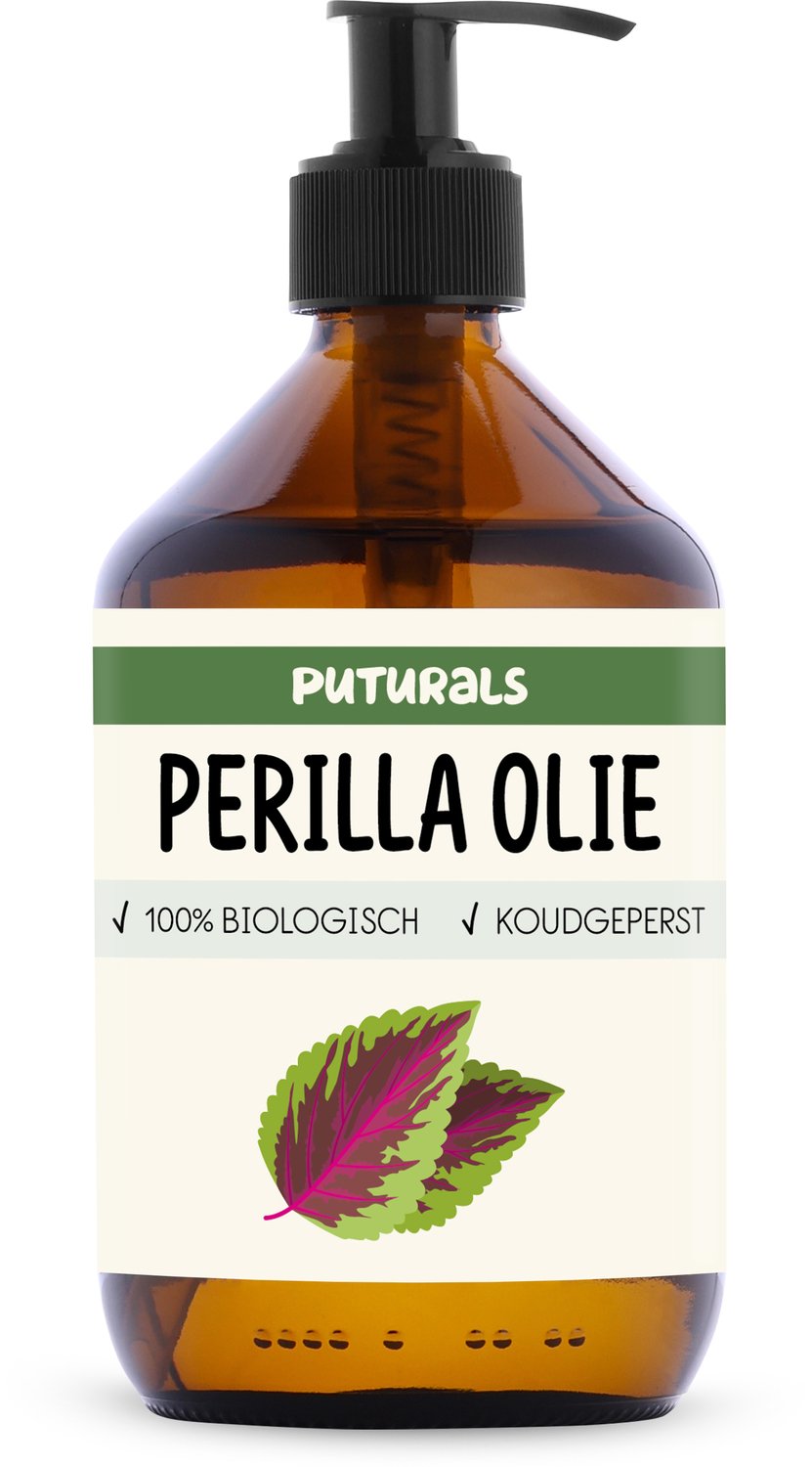 Puturals Perilla Olie 100% Biologisch - 500 ml - Puur en Koudgeperst - Perilla Olie voor Huid, Haar en Lichaam - Rijk aan Omega 3, Omega 6 en Omega 9 - Perilla Oil voor Huidolie - Bruine Glazen Fles + Pomp