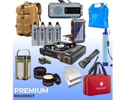Nood-Kit Premium Noodpakket 72 Uur - Overlevingspakket Bij Rampen/Oorlog/Stroomuitval - Survival Ehbo Kit - Waterfilter - Kooktoestel - Gasflessen - Gasstelletje - Solar Powerbank - Noodradio - Nooddeken - Rugzak - Zaklamp - Noodverlichting