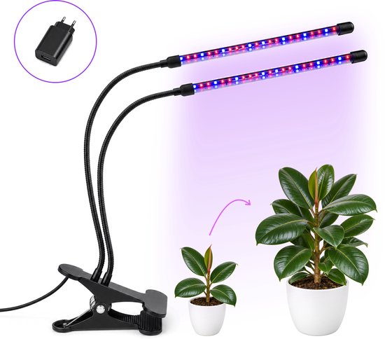 Zwarte LED-groeilamp met klem, twee flexibele armen met rood en blauw licht, gericht op een kamerplant.