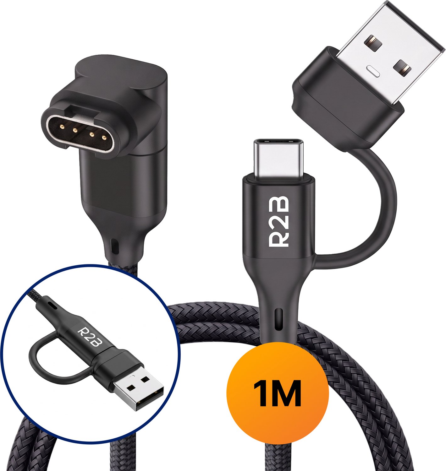 R2B Oplaadkabel geschikt voor Garmin Horloge - USB-A & USB-C - Gevlochten Nylon 1 meter - L-vorm 90 Graden Hoek - Zwart