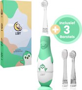 Groene Loby sonische tandenborstel voor kinderen met pinguïndesign, inclusief 3 reserveborstels en verpakking.