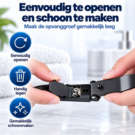 Demonstratie van het eenvoudig openen en schoonmaken van de nagelopvanggroef van de zwarte nagelknipper.