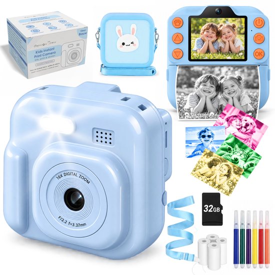 Lichtblauwe instant kindercamera met 32GB SD-kaart, konijnentas, 4 papierrollen, stiften en 16x digitale zoom.