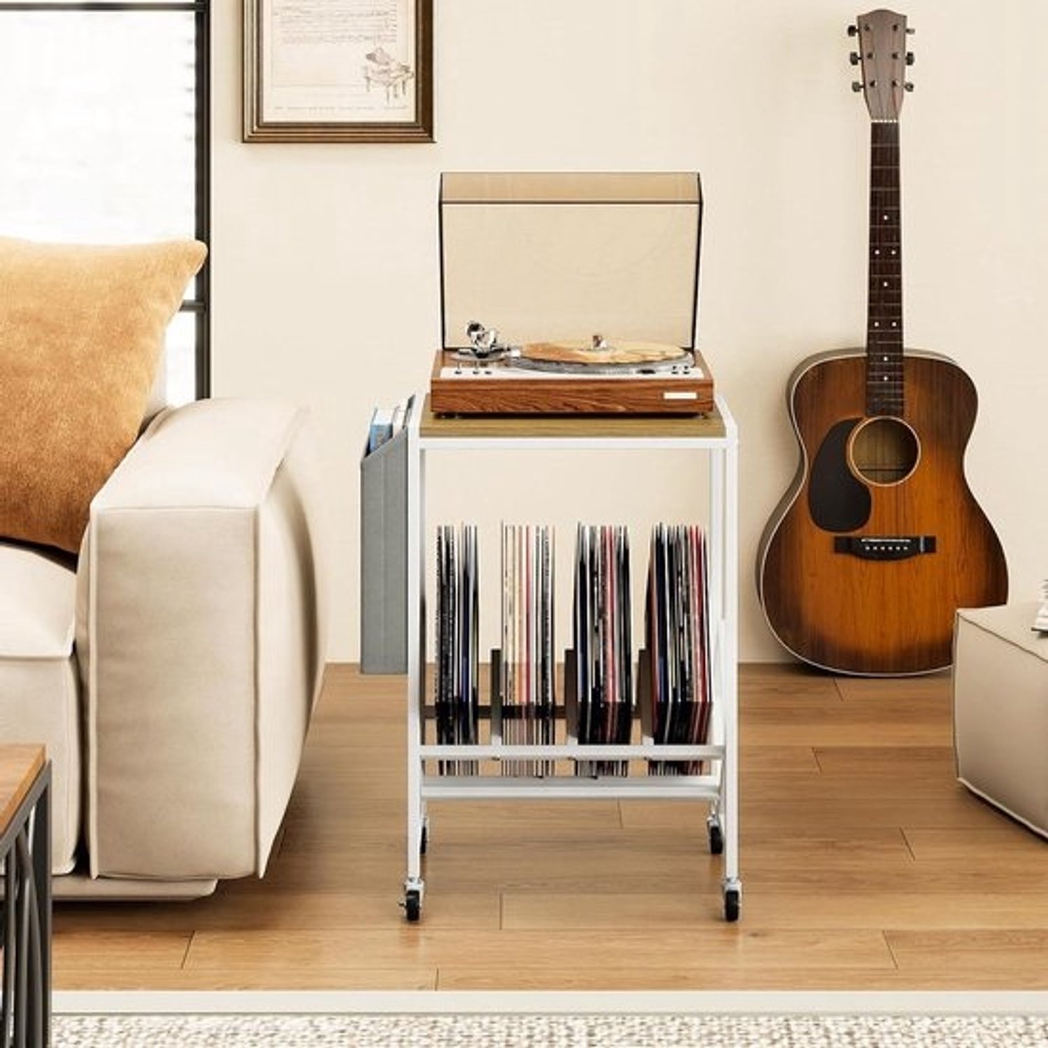 Meubel voor platen met wieltjes - Verplaatsbare houder voor vinyl - Opbergruimte voor muziek - Voorzien van zijvak en rem - 49x64x30 cm - Natuurlijk